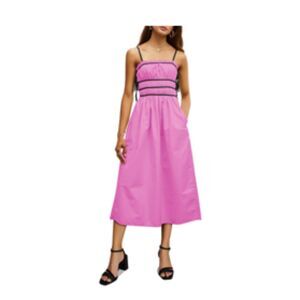Pink Spaghetti Strap Tie Smocked Midi Dress, MEDIUM, 24K-173D001